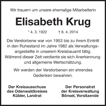 Traueranzeige von Elisabeth Krug von Odenwälder Echo