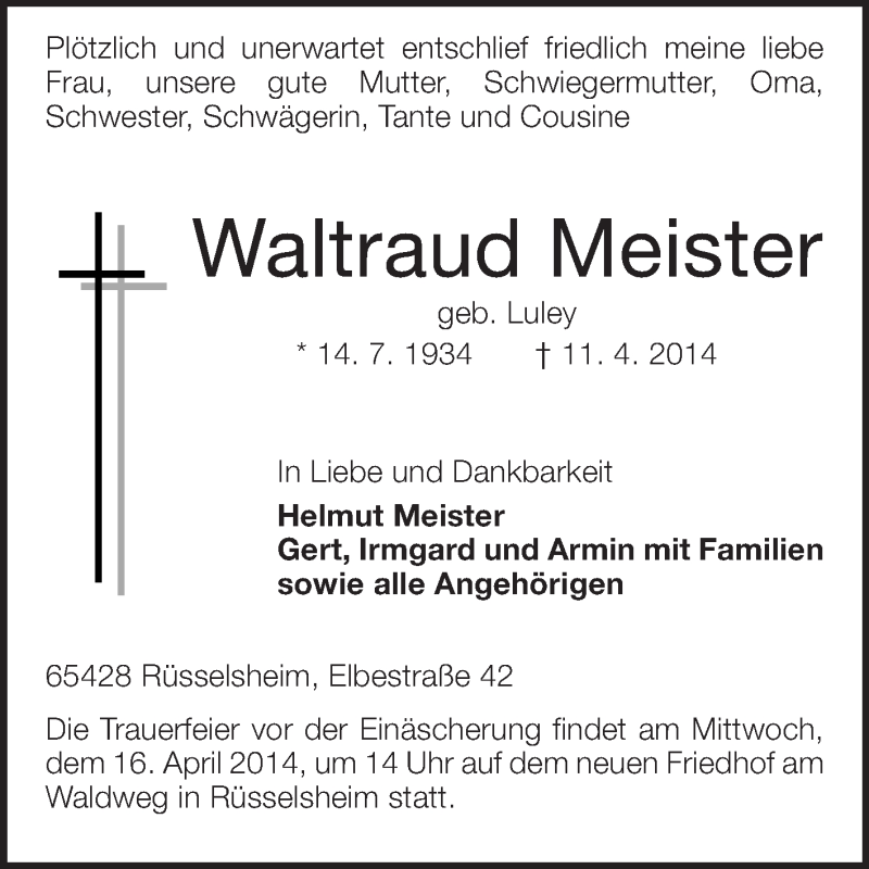  Traueranzeige für Waltraud Meister vom 14.04.2014 aus Echo-Zeitungen (Gesamtausgabe)