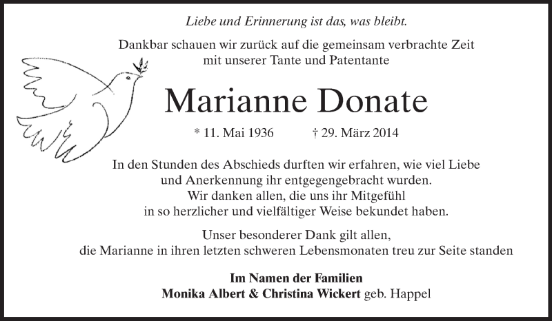  Traueranzeige für Marianne Donate vom 16.04.2014 aus Rüsselsheimer Echo, Groß-Gerauer-Echo, Ried Echo