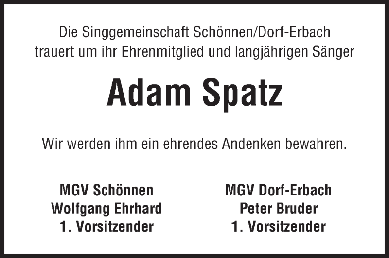  Traueranzeige für Adam Spatz vom 14.04.2014 aus Odenwälder Echo