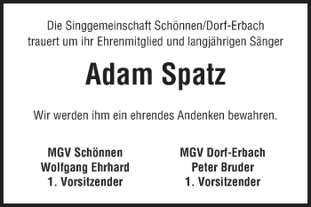 Traueranzeige von Adam Spatz von Odenwälder Echo