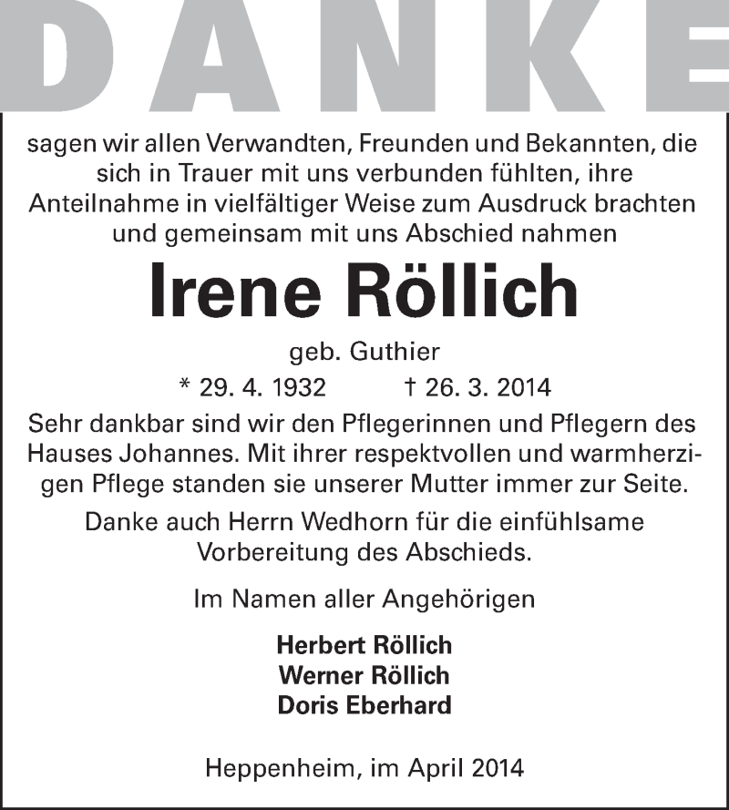  Traueranzeige für Irene Röllich vom 19.04.2014 aus Starkenburger Echo