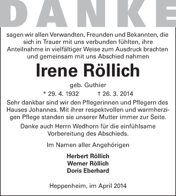Traueranzeige von Irene Röllich von Starkenburger Echo