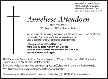 Traueranzeige von Anneliese Attendorn von Rüsselsheimer Echo, Groß-Gerauer-Echo, Ried Echo