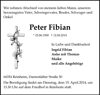 Traueranzeige von Peter Fibian von Darmstädter Echo, Odenwälder Echo, Rüsselsheimer Echo, Groß-Gerauer-Echo, Ried Echo