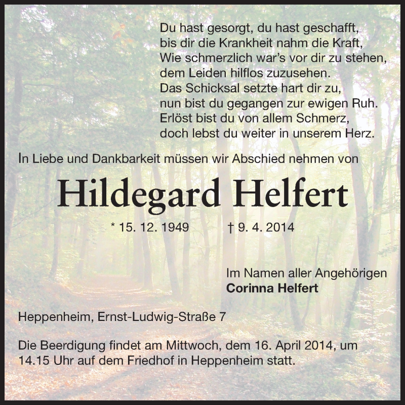  Traueranzeige für Hildegard Helfert vom 14.04.2014 aus Starkenburger Echo