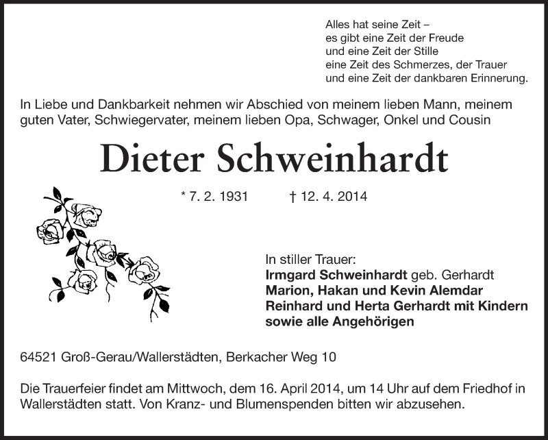  Traueranzeige für Dieter Schweinhardt vom 14.04.2014 aus Rüsselsheimer Echo, Groß-Gerauer-Echo, Ried Echo