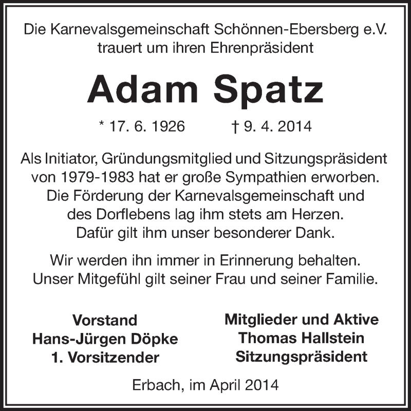  Traueranzeige für Adam Spatz vom 15.04.2014 aus Odenwälder Echo