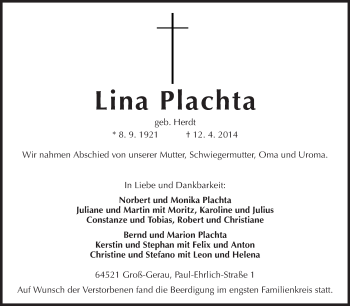 Traueranzeige von Lina Plachta von Rüsselsheimer Echo, Groß-Gerauer-Echo, Ried Echo