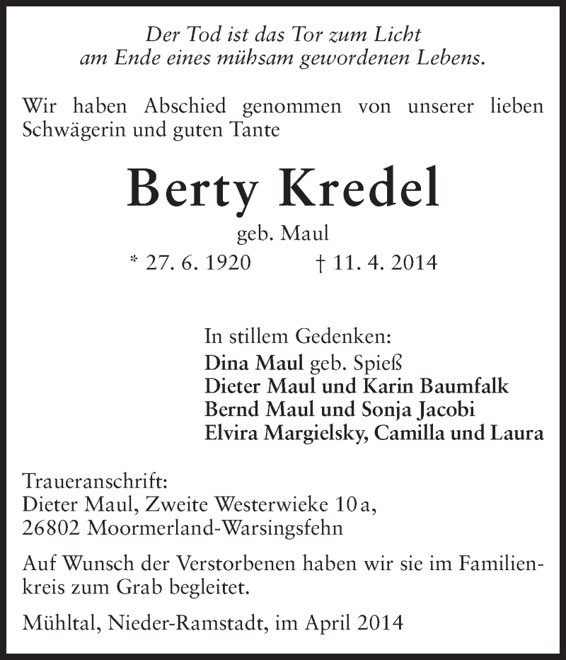  Traueranzeige für Berty Kredel vom 19.04.2014 aus Echo-Zeitungen (Gesamtausgabe)