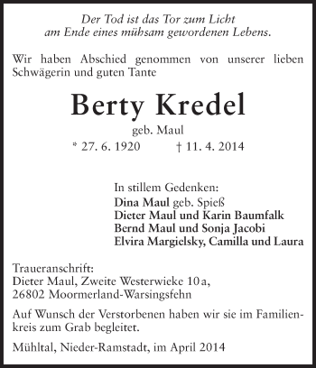 Traueranzeige von Berty Kredel von Echo-Zeitungen (Gesamtausgabe)