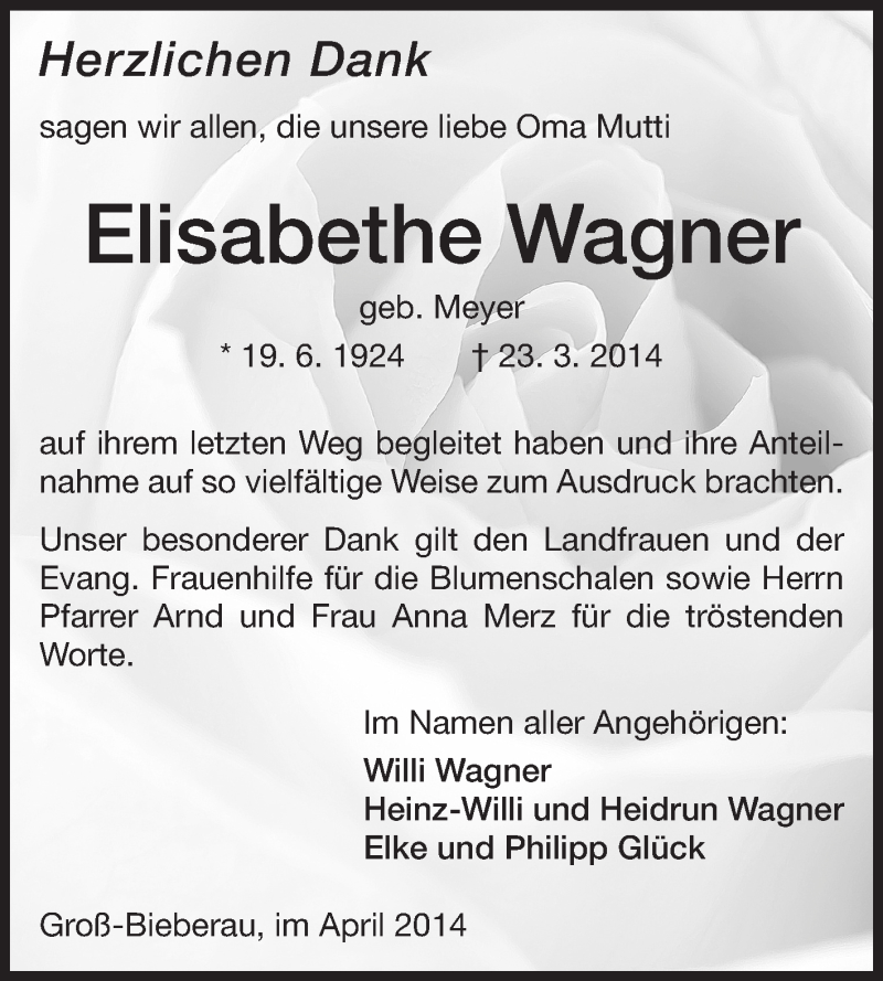 Traueranzeige für Elisabethe Wagner vom 19.04.2014 aus Echo-Zeitungen (Gesamtausgabe)