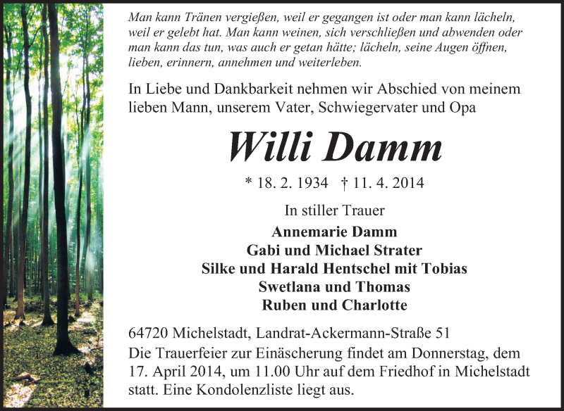  Traueranzeige für Willi Damm vom 15.04.2014 aus Odenwälder Echo