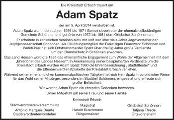 Traueranzeige von Adam Spatz von Odenwälder Echo