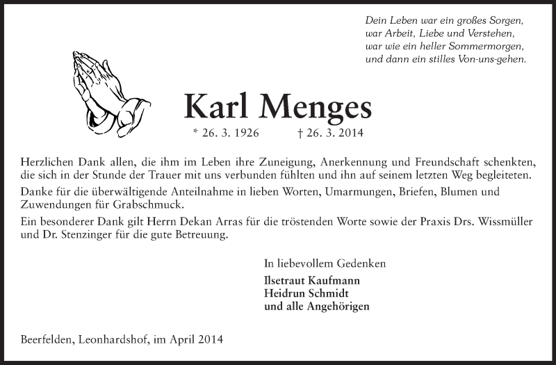 Traueranzeige für Karl Menges vom 19.04.2014 aus Odenwälder Echo
