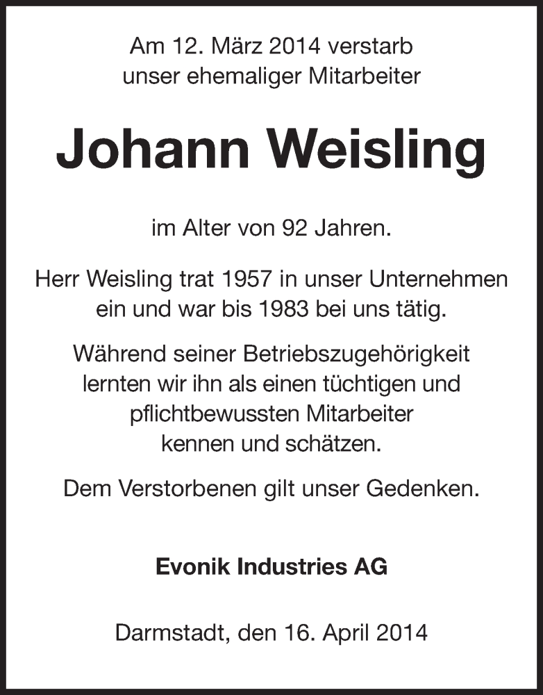  Traueranzeige für Johann Weisling vom 16.04.2014 aus Echo-Zeitungen (Gesamtausgabe)