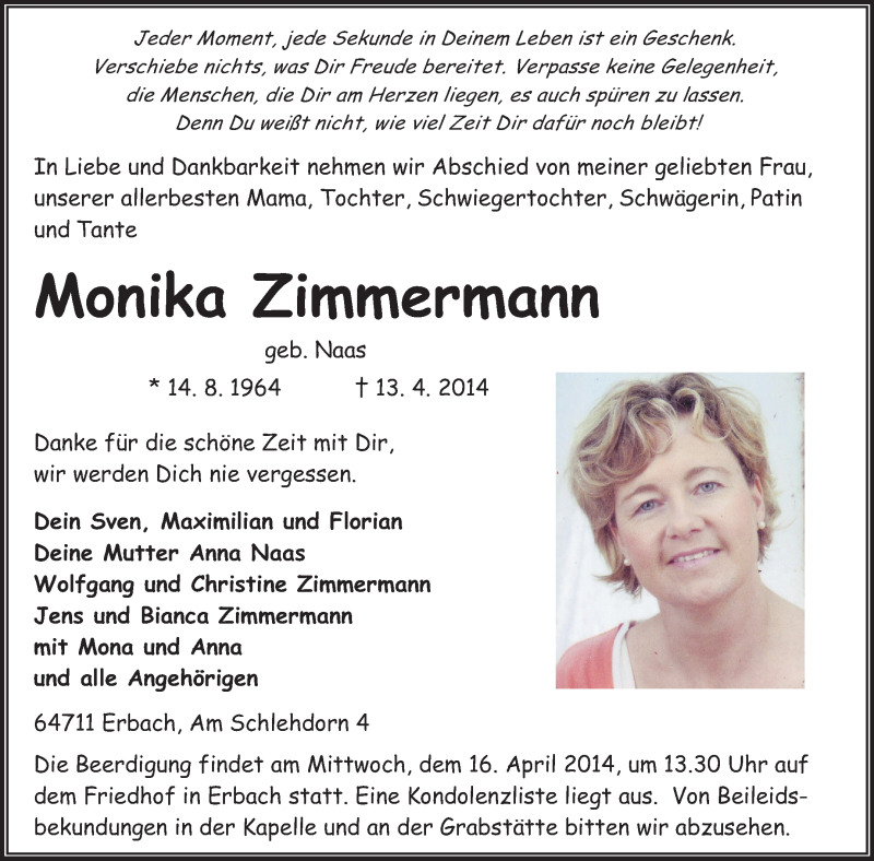  Traueranzeige für Monika Zimmermann vom 15.04.2014 aus Odenwälder Echo