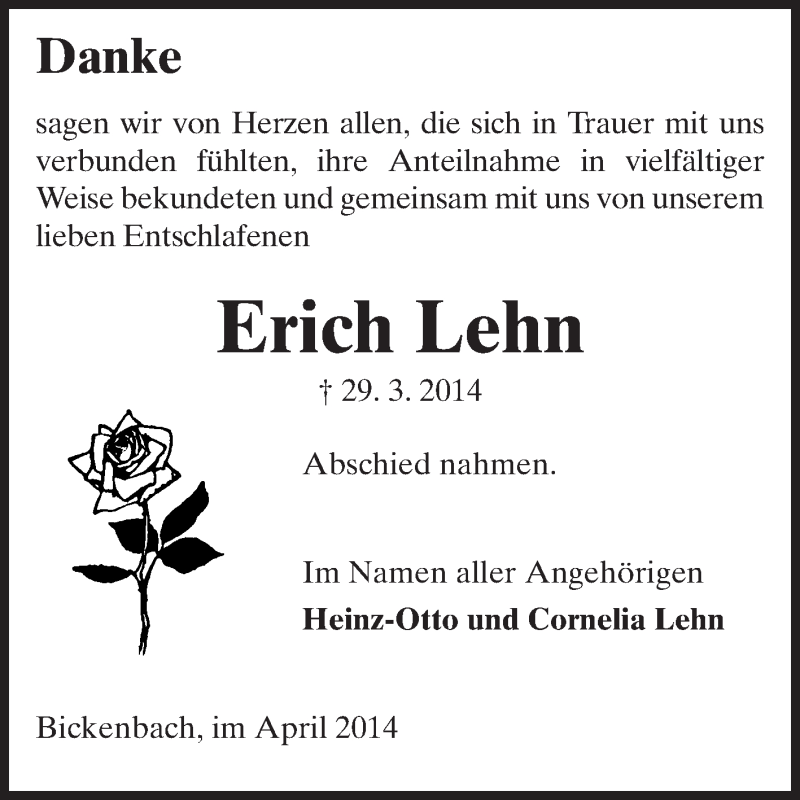  Traueranzeige für Erich Lehn vom 16.04.2014 aus Echo-Zeitungen (Gesamtausgabe)