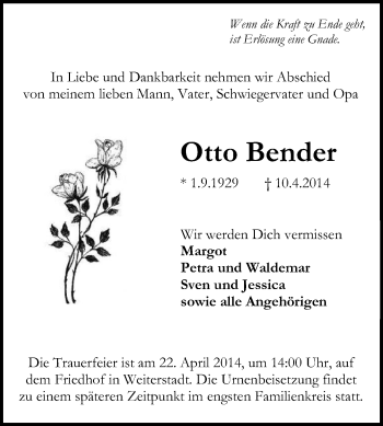 Traueranzeige von Otto Bender von Echo-Zeitungen (Gesamtausgabe)