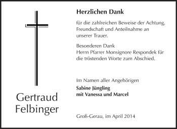 Traueranzeige von Gertraud Felbinger von Rüsselsheimer Echo, Groß-Gerauer-Echo, Ried Echo