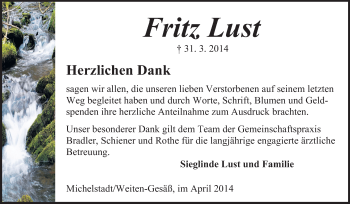 Traueranzeige von Fritz Lust von Odenwälder Echo
