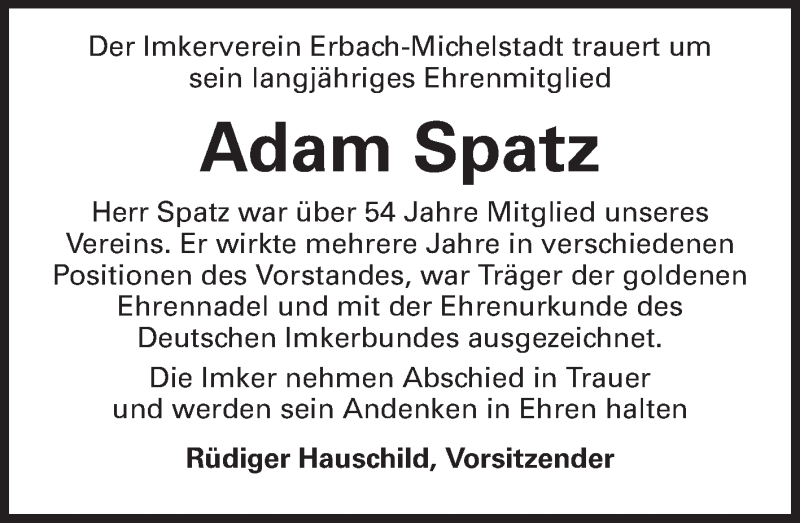  Traueranzeige für Adam Spatz vom 15.04.2014 aus Odenwälder Echo