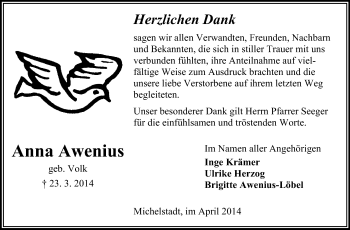 Traueranzeige von Anna Awenius von Odenwälder Echo