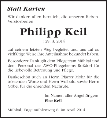 Traueranzeige von Philipp Keil von Darmstädter Echo, Odenwälder Echo, Rüsselsheimer Echo, Groß-Gerauer-Echo, Ried Echo