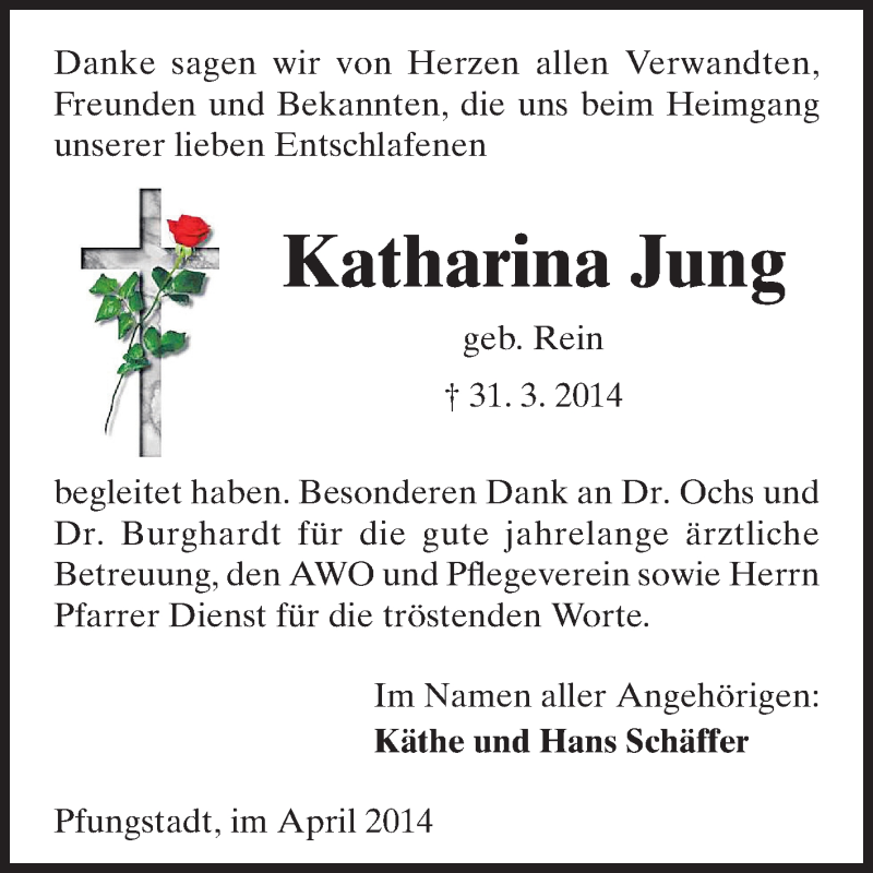  Traueranzeige für Katharina Jung vom 19.04.2014 aus Echo-Zeitungen (Gesamtausgabe)
