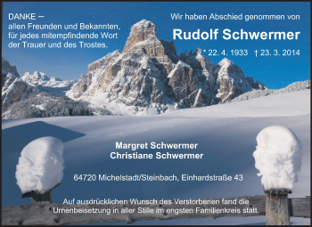 Traueranzeige von Rudolf Schwermer von Odenwälder Echo