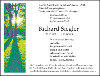 Traueranzeige von Richard Siegler von Darmstädter Echo, Odenwälder Echo, Rüsselsheimer Echo, Groß-Gerauer-Echo, Ried Echo