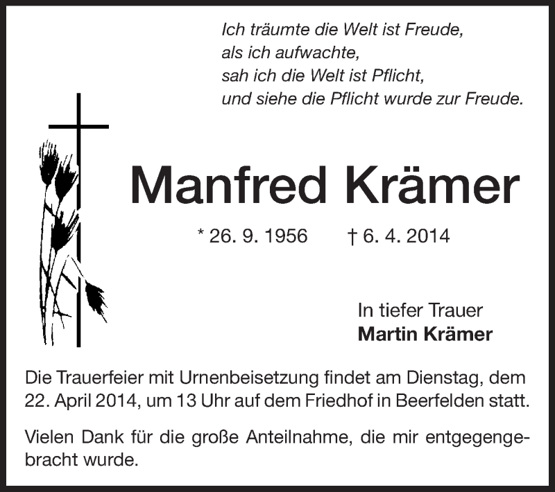  Traueranzeige für Manfred Krämer vom 19.04.2014 aus Odenwälder Echo