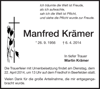 Traueranzeige von Manfred Krämer von Odenwälder Echo