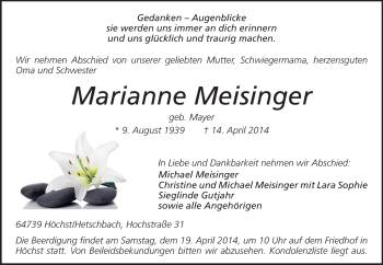 Traueranzeige von Marianne Meisinger von Odenwälder Echo