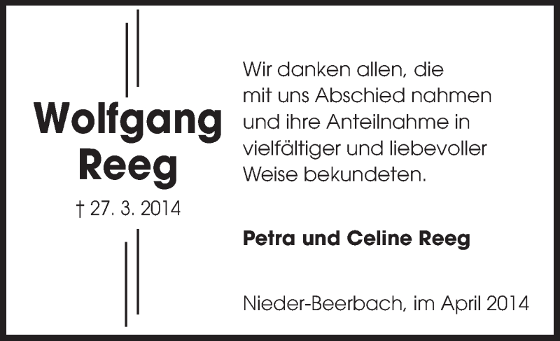  Traueranzeige für Wolfgang Reeg vom 19.04.2014 aus Echo-Zeitungen (Gesamtausgabe)