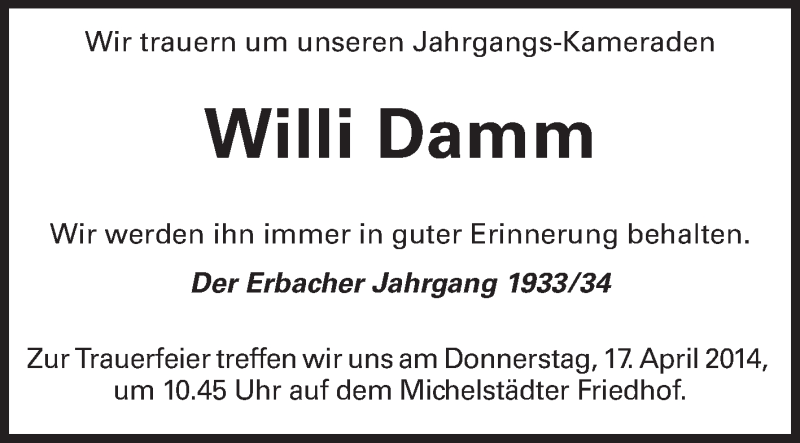  Traueranzeige für Willi Damm vom 16.04.2014 aus Odenwälder Echo