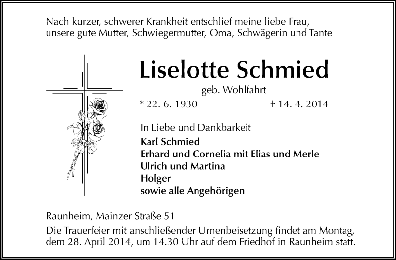  Traueranzeige für Liselotte Schmied vom 19.04.2014 aus Rüsselsheimer Echo, Groß-Gerauer-Echo, Ried Echo