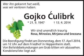 Traueranzeige von Gojko Culibrk von Starkenburger Echo
