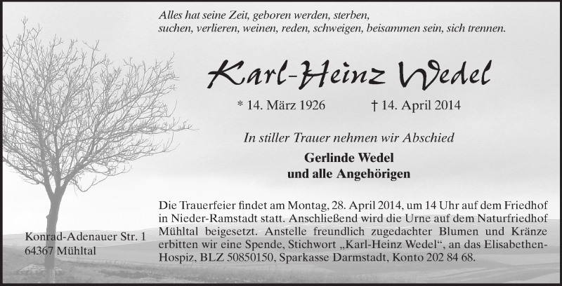  Traueranzeige für Karl-Heinz Wedel vom 19.04.2014 aus Echo-Zeitungen (Gesamtausgabe)