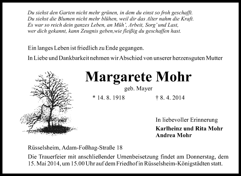  Traueranzeige für Margarete Mohr vom 19.04.2014 aus Rüsselsheimer Echo, Groß-Gerauer-Echo, Ried Echo