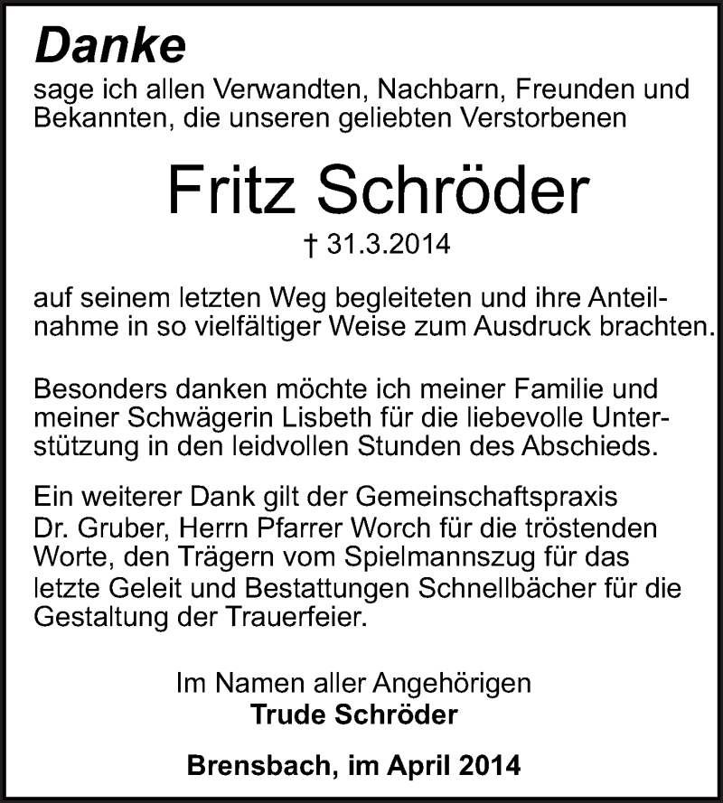  Traueranzeige für Fritz Schröder vom 19.04.2014 aus Odenwälder Echo