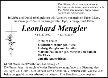 Traueranzeige von Leonhard Mengler von Odenwälder Echo