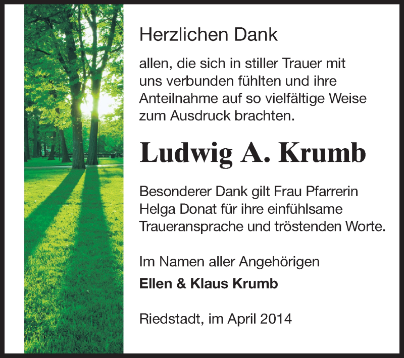  Traueranzeige für Ludwig A. Krumb vom 19.04.2014 aus Rüsselsheimer Echo, Groß-Gerauer-Echo, Ried Echo