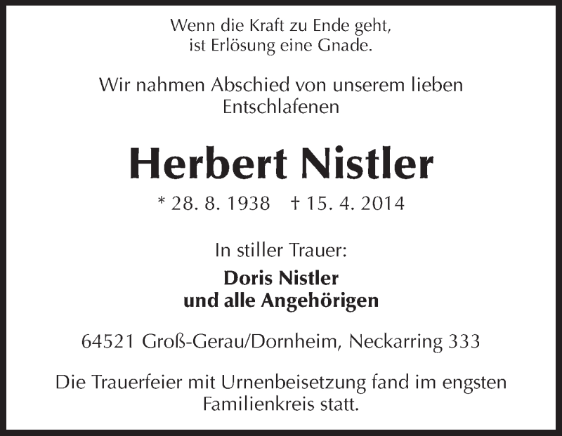  Traueranzeige für Herbert Nistler vom 26.04.2014 aus Rüsselsheimer Echo, Groß-Gerauer-Echo, Ried Echo