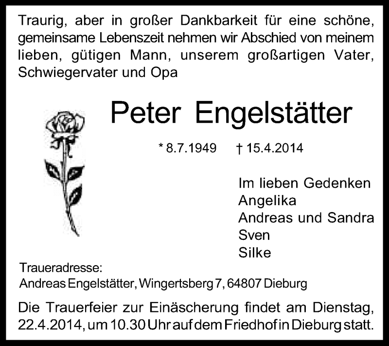  Traueranzeige für Peter Engelstätter vom 19.04.2014 aus Echo-Zeitungen (Gesamtausgabe)