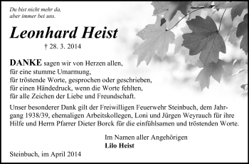 Traueranzeige von Leonhard Heist von Odenwälder Echo