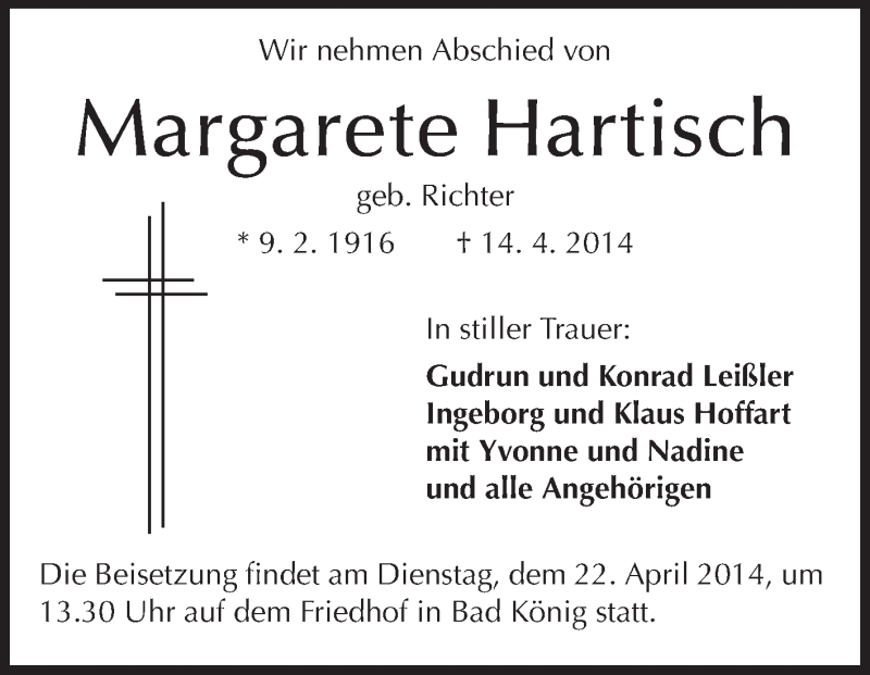  Traueranzeige für Margarete Hartisch vom 19.04.2014 aus Odenwälder Echo