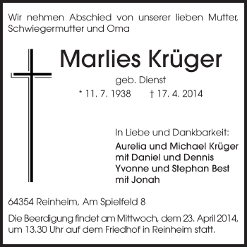 Traueranzeige von Marlies Krüger von Darmstädter Echo, Odenwälder Echo, Rüsselsheimer Echo, Groß-Gerauer-Echo, Ried Echo