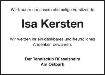 Traueranzeige von lsa Kersten von Rüsselsheimer Echo, Groß-Gerauer-Echo, Ried Echo