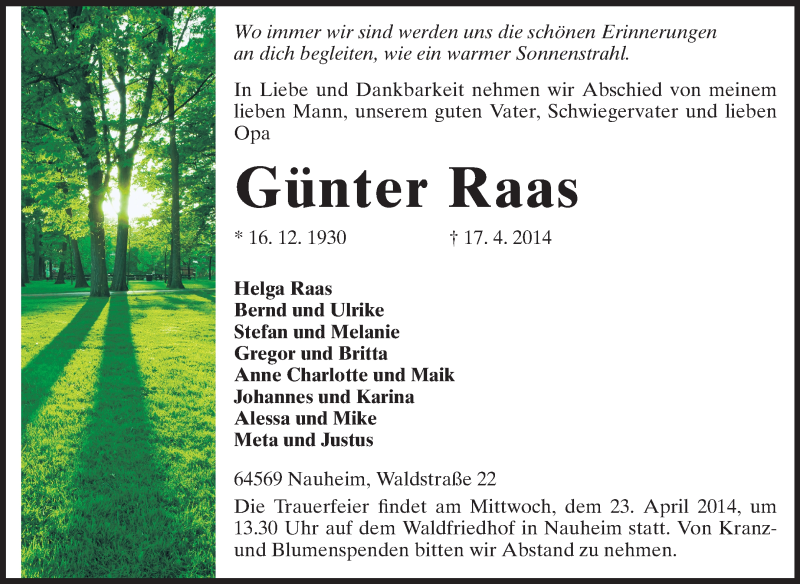  Traueranzeige für Günter Raas vom 19.04.2014 aus Rüsselsheimer Echo, Groß-Gerauer-Echo, Ried Echo